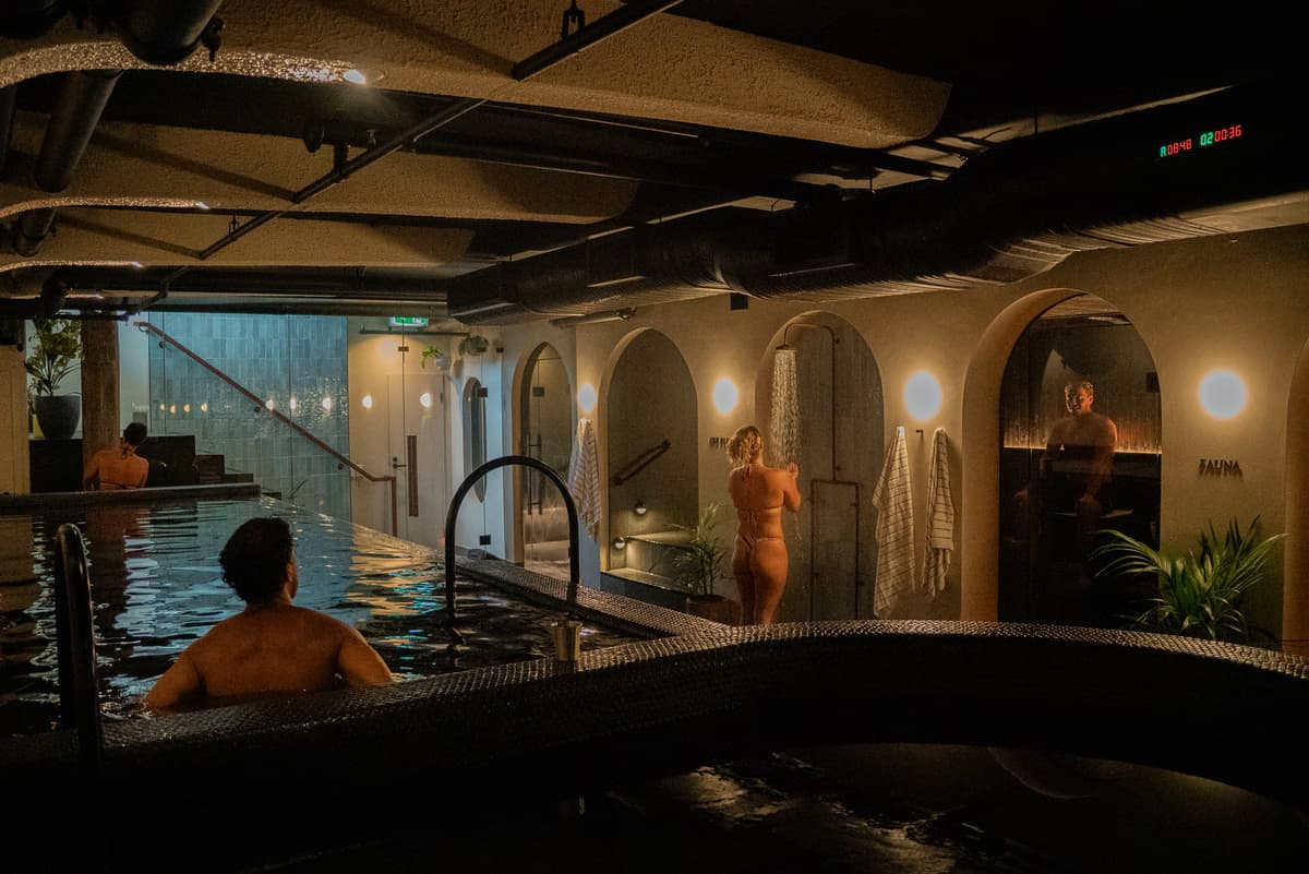 The full circuit of Navia Bathhouse Byron Bay (mineral pool, arched showers and sauna), the bathhouse entirely yours