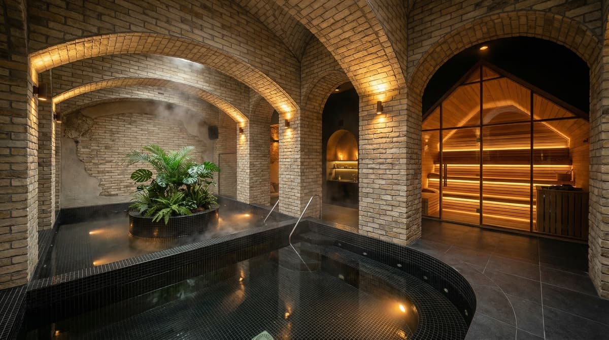 Water poured over hot sauna stones beside a Löyly plaque, part of the Navia Bathhouse Prahran concept