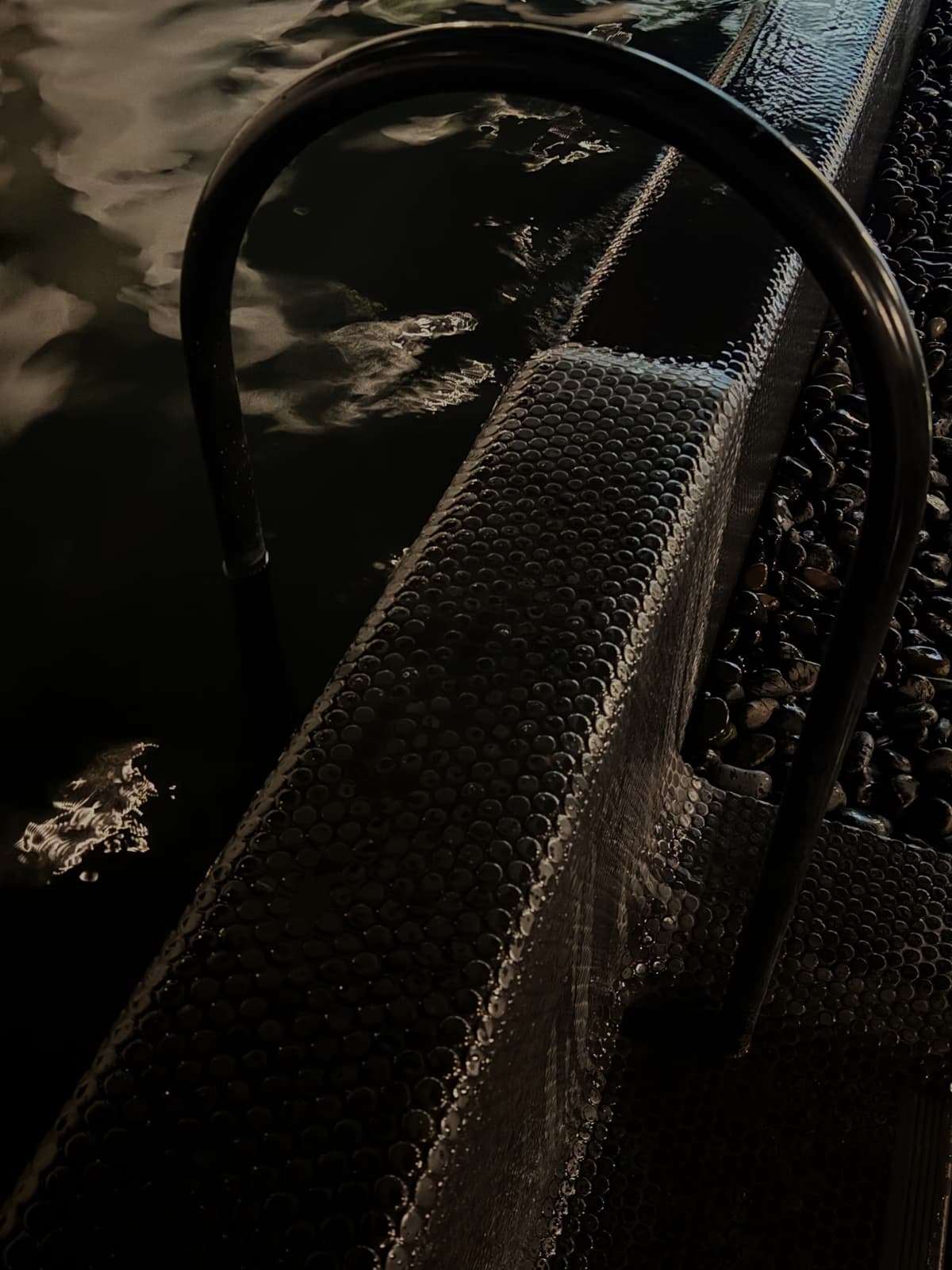 Close view of the dark-tiled magnesium pool at Navia Bathhouse, a handrail and step descending into still water