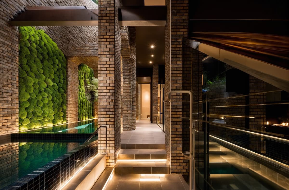 Brick colonnade, moss wall and lit steps between the bathing pools, Navia Bathhouse Prahran concept